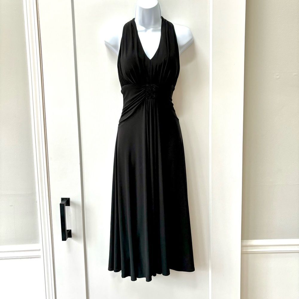Jessica Howard formal evening black‎ halter midi dress embellished waist size 8